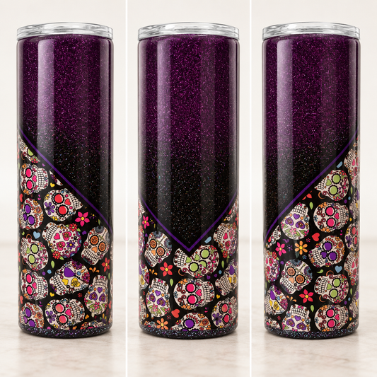 Three views of a tall skinny tumbler with a clear lid, featuring a dark purple glitter gradient that fades to a black base decorated with colorful sugar skull and floral patterns, set against a black background.