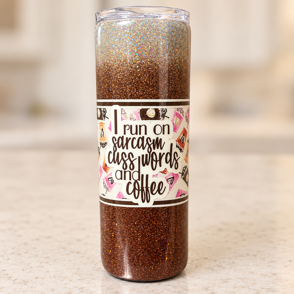 20 oz white-to-brown glitter ombré tumbler with coffee-cup patterned vinyl and I run on sarcasm cuss words and coffee lettering.