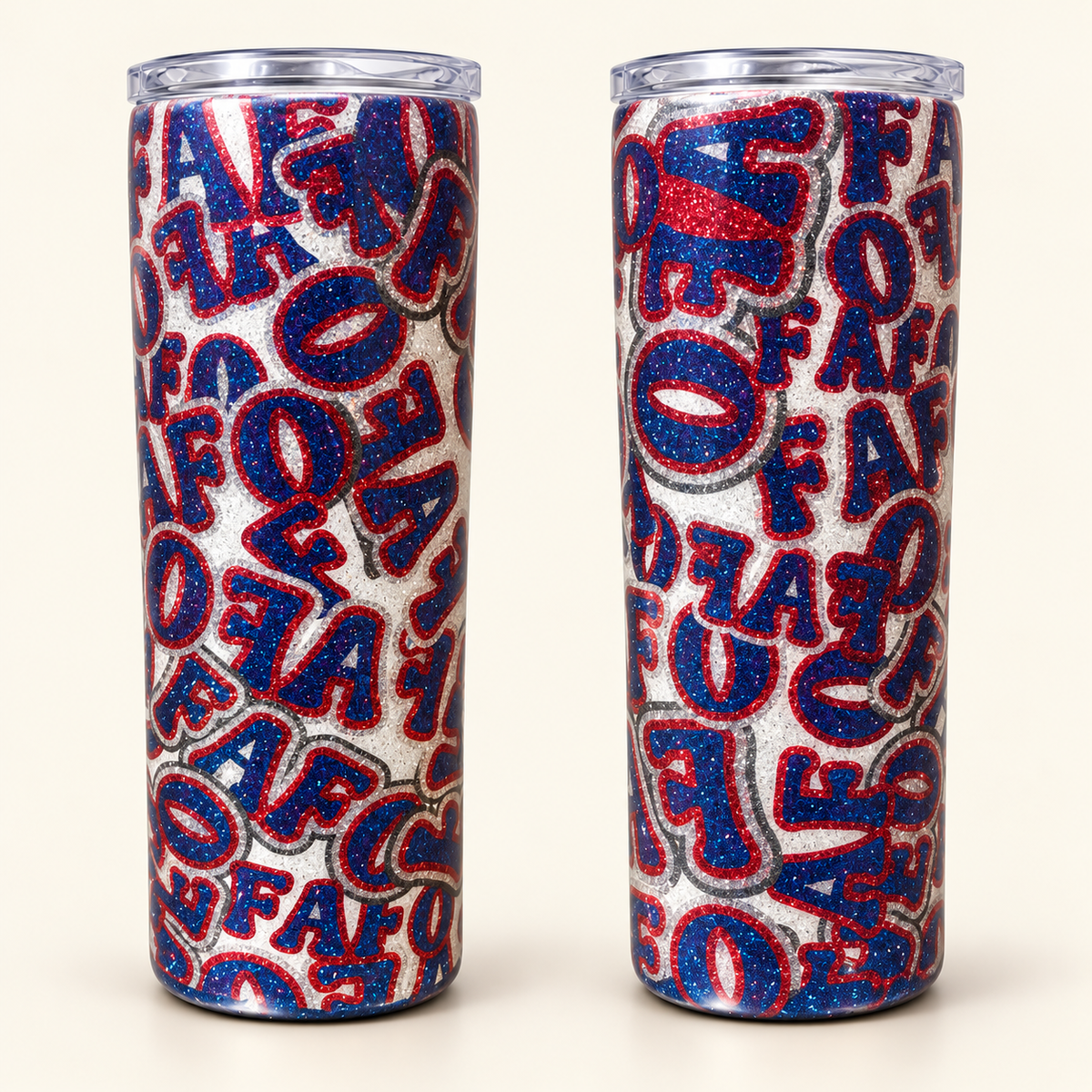 Two views of a hand-glittered 20 oz FAFO tumbler showing repeating blue lettering with red outlines over white-and-silver glitter.