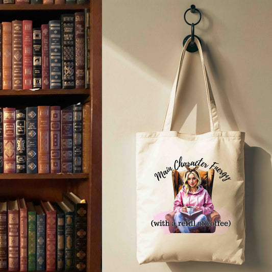 Main Character Energy Tote Bag | Bookish Coffee Lover Bag for Readers & Writers