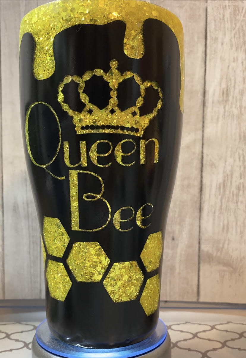 Queen Bee Tumbler 30 Ounce peekaboo black with yellow glitter epoxy over double wall stainless