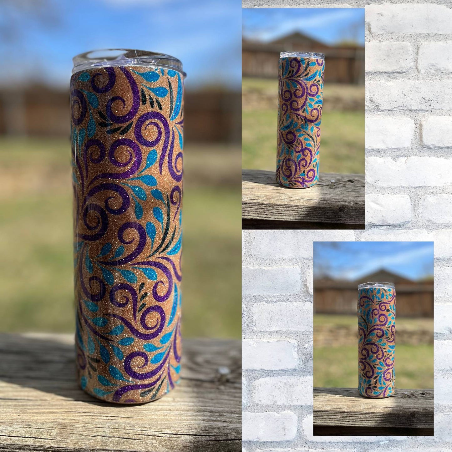 Gold purple and teal glitter design tumbler 20 ounce