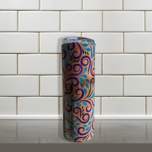 Gold purple and teal glitter design tumbler 20 ounce