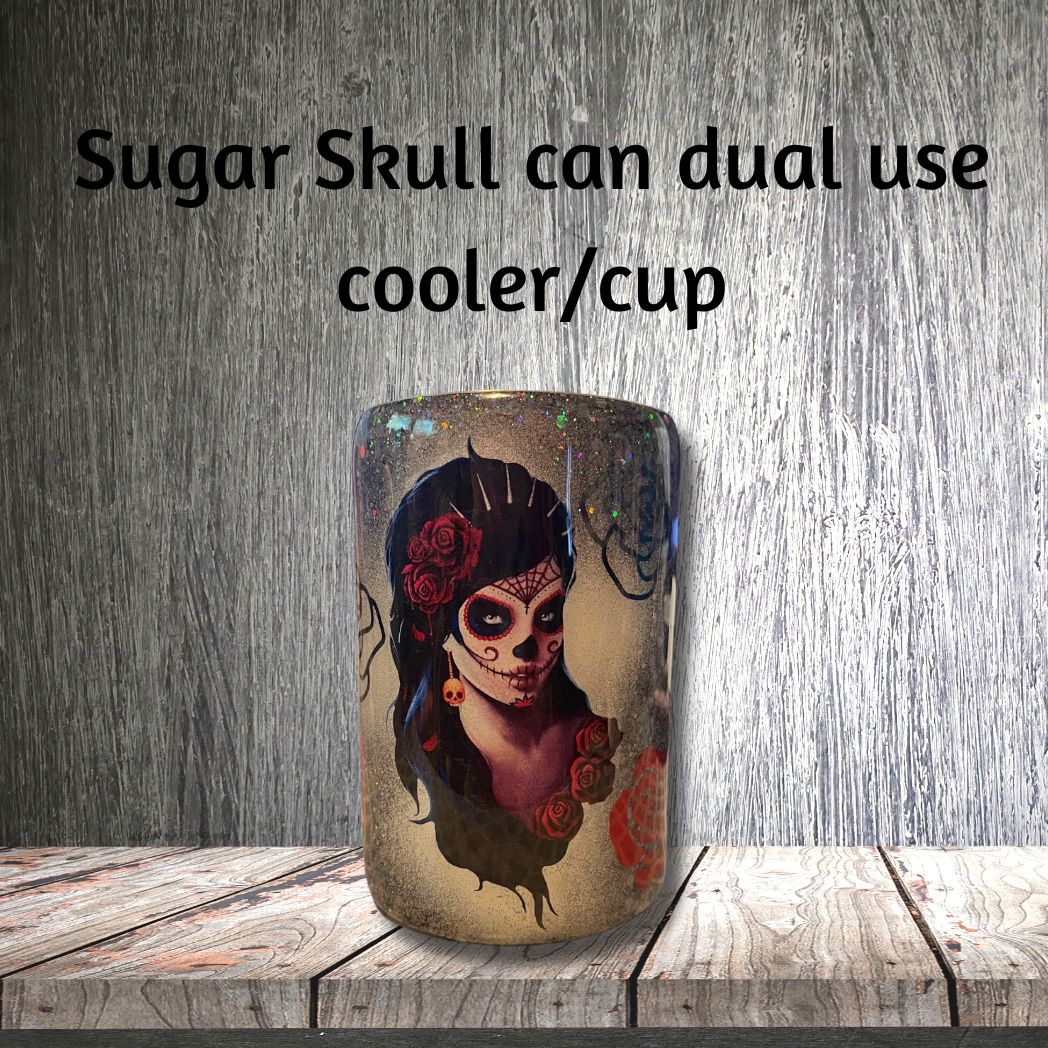 Sugar skull on black holographic glitter background cup/can cooler