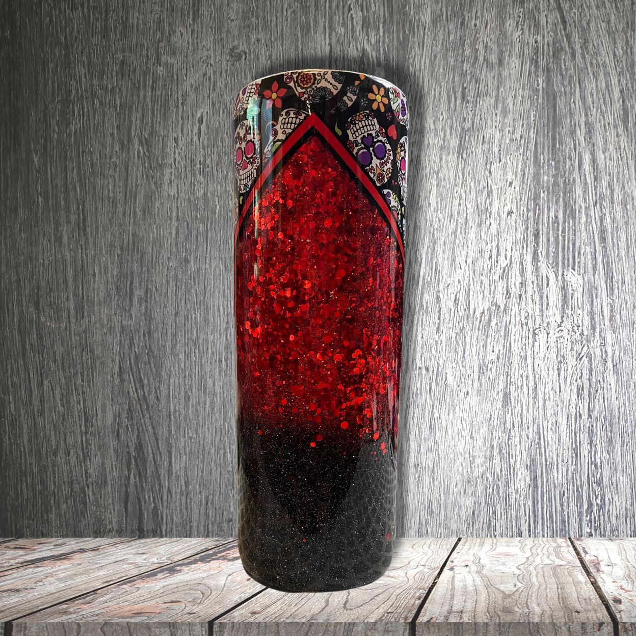 red and black sugar skull v split style tumbler/cup