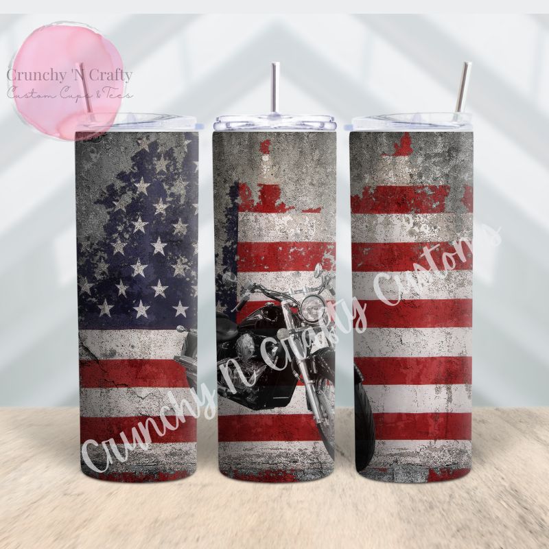 Distressed flag with motorcycle 20-ounce tumbler/cup