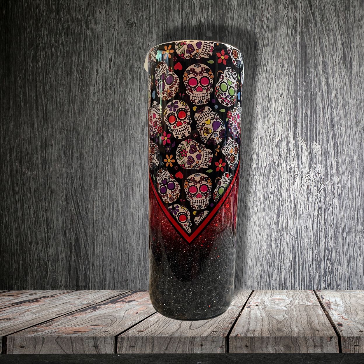 red and black sugar skull v split style tumbler/cup