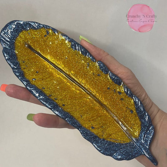 Feather trinket tray in blue and yellow