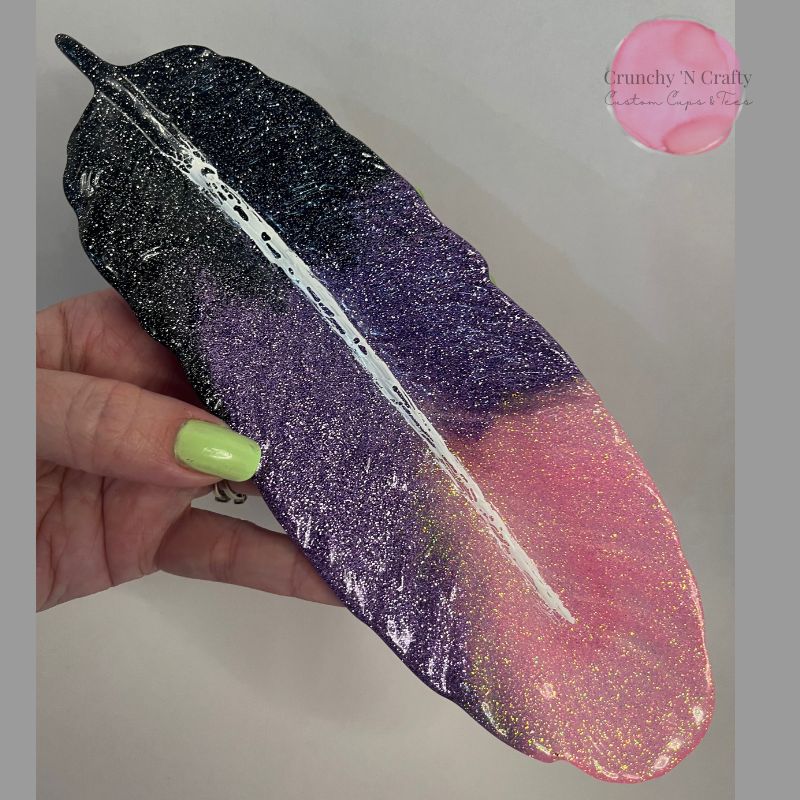 Feather trinket tray in pink, purple and black glitter