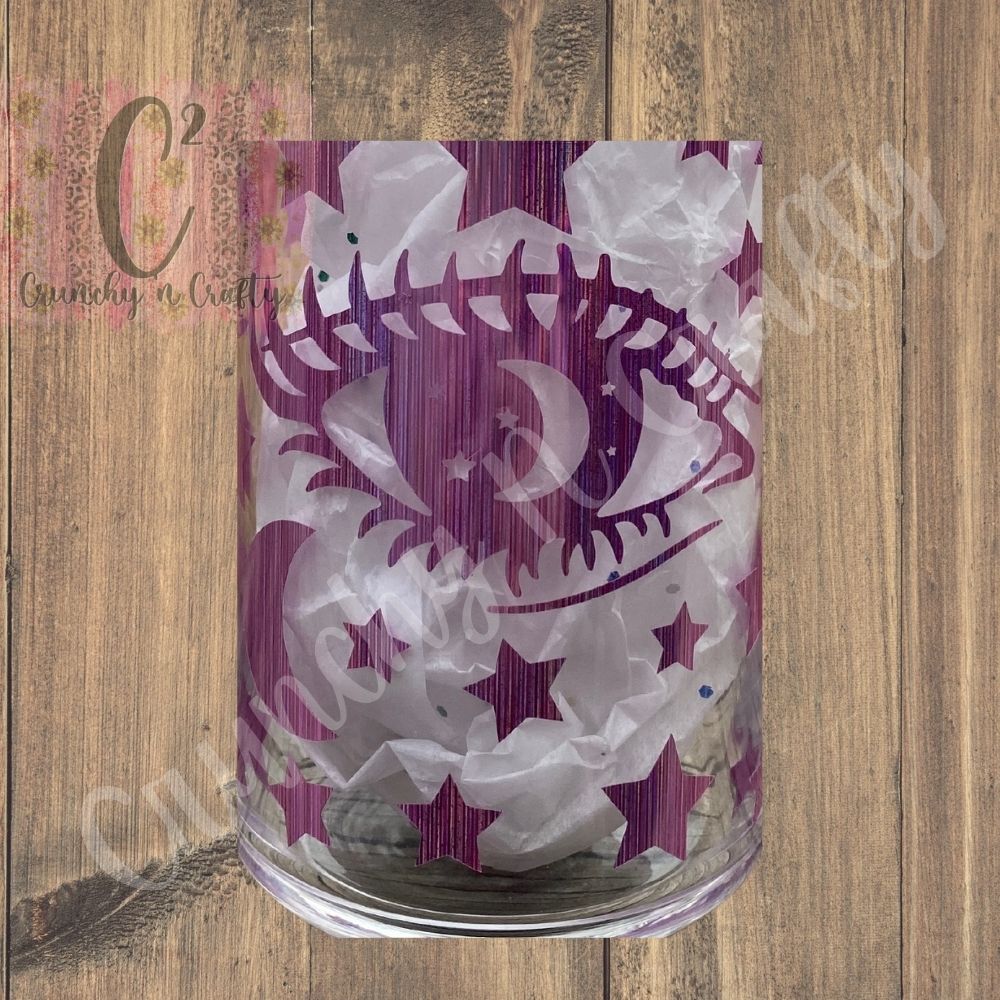 Pink foil moon, stars and eye libbey type beer can glass