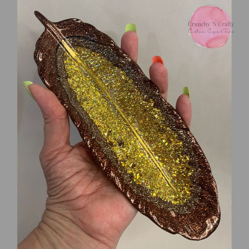 Feather trinket tray in brown and gold