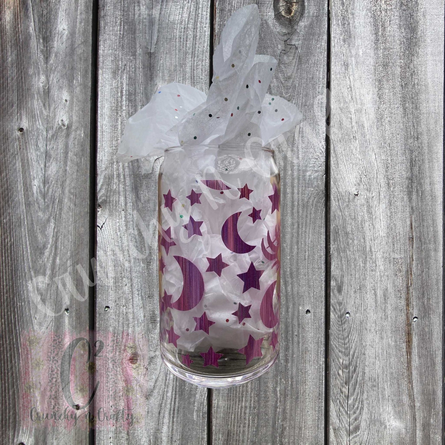 Pink foil moon, stars and eye libbey type beer can glass