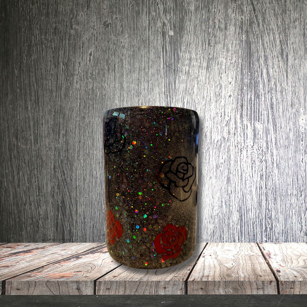 Sugar skull on black holographic glitter background cup/can cooler