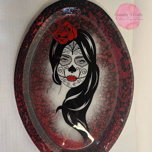 Custom sugar skull girl metal tray epoxy coated
